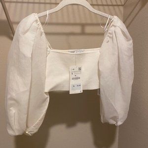 Zara White Poof Sleeve White Cropped Blouse NWT